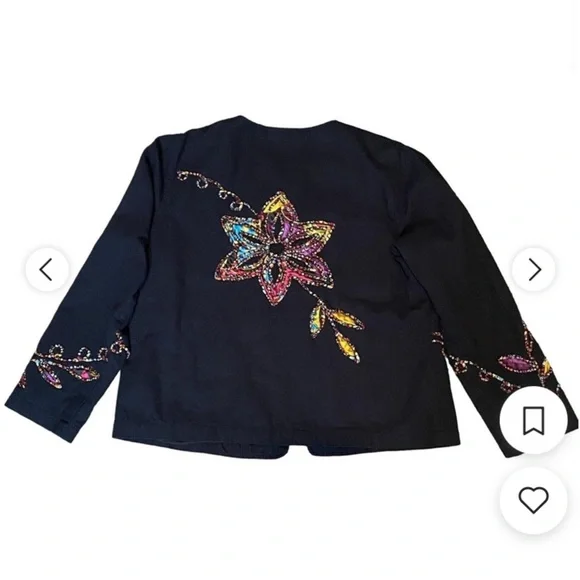 Choices Black Embroidered Appliques Open Front Long Sleeve Jacket - Picture 3 of 6